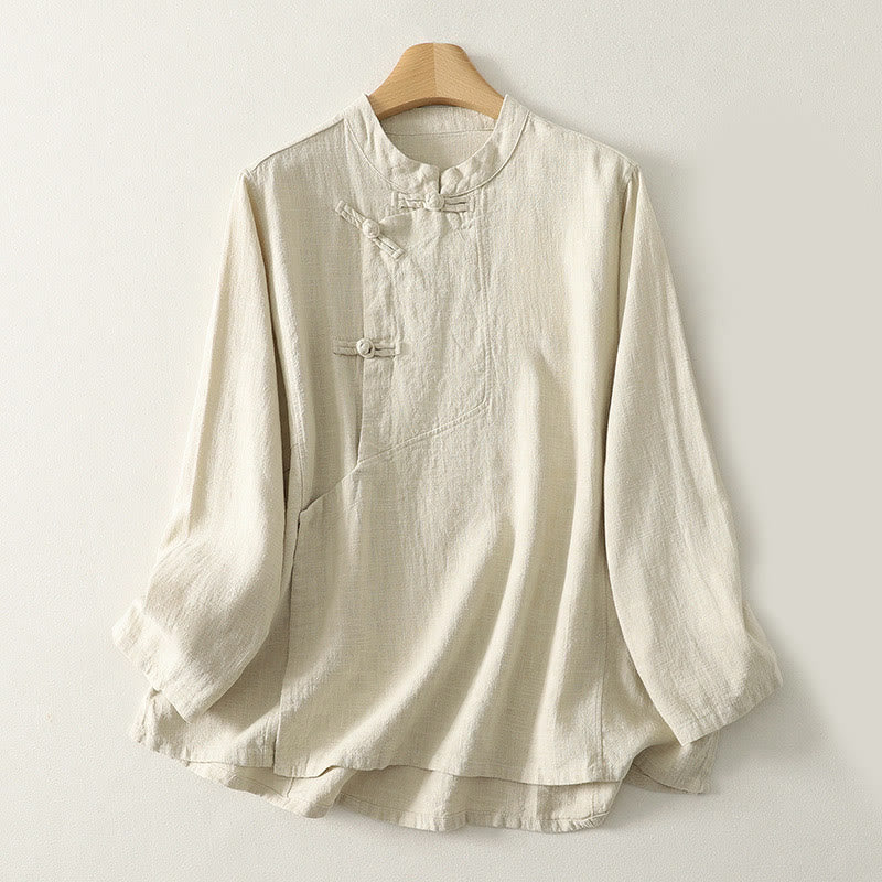 Camicia da donna a maniche lunghe in cotone con bottoni a rana, casual e semplice , Buddha Stones - Beige - US8-10, UK/AU12-14, EU40-42 (2XL) - image 6