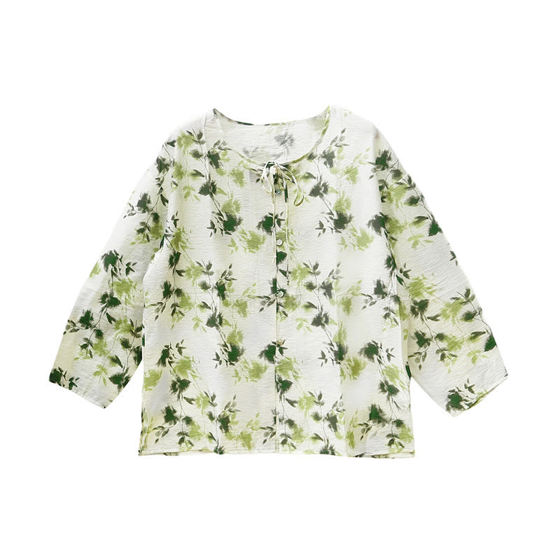Camicia da donna a maniche lunghe con bottoni, lacci e foglie floreali verdi, per anziani, Buddha Stones - image 5