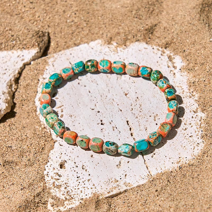 Bracciale antistress con perline ovali e quadrate in pietra dell'imperatore naturale colorato Buddha Stones - Pietra dell'Imperatore Arancione (Circonferenza del polso: 15-17 cm) - image 0