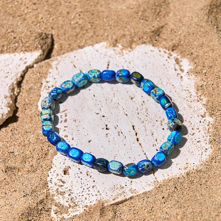 Bracciale antistress con perline ovali e quadrate in pietra dell'imperatore naturale colorato Buddha Stones - Pietra dell'Imperatore blu scuro (circonferenza del polso: 15-17 cm) - image 6