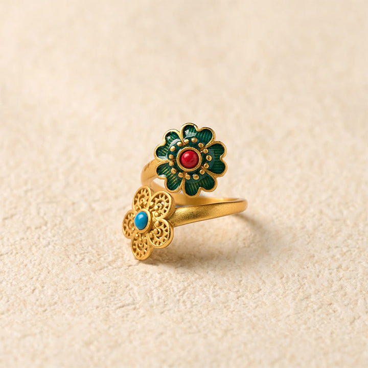 Anello della ricchezza Buddha Stones, doppi petali, turchese gocciolante in rame - image 2