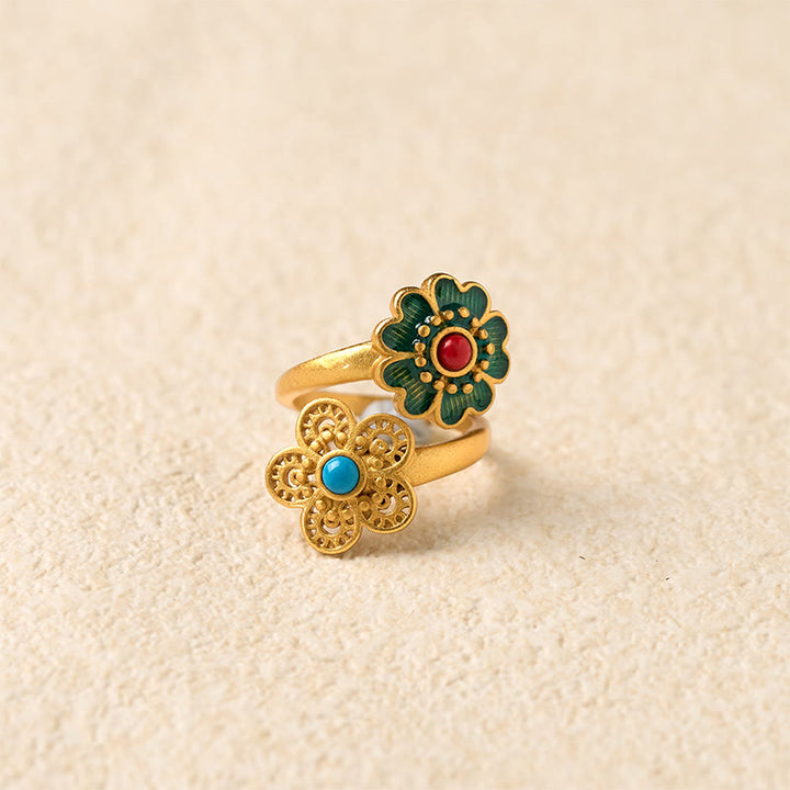 Anello della ricchezza Buddha Stones, doppi petali, turchese gocciolante in rame - image 3