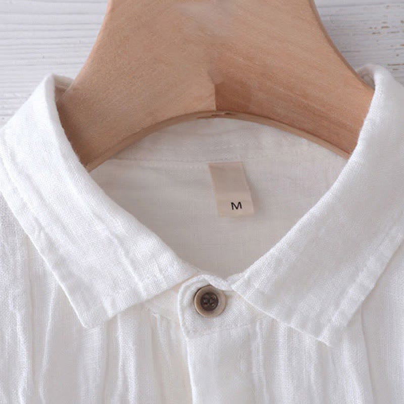 Camicia da uomo Buddha Stones, tinta unita, con risvolto, manica lunga, comoda, in cotone e lino, con bottoni e piega - image 8