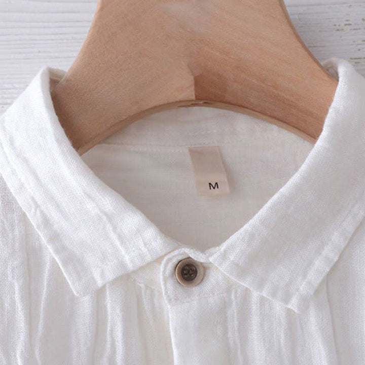 Camicia da uomo Buddha Stones, tinta unita, con risvolto, manica lunga, comoda, in cotone e lino, con bottoni e piega - image 8