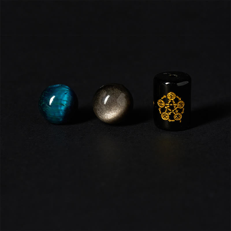Bracciale di protezione dei cinque elementi in onice nero, ossidiana blu, occhio di tigre blu e Buddha Stones - image 7