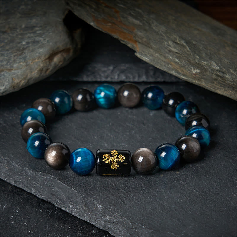 Bracciale di protezione dei cinque elementi in onice nero, ossidiana blu, occhio di tigre blu e Buddha Stones - 20 centimetri - image 0