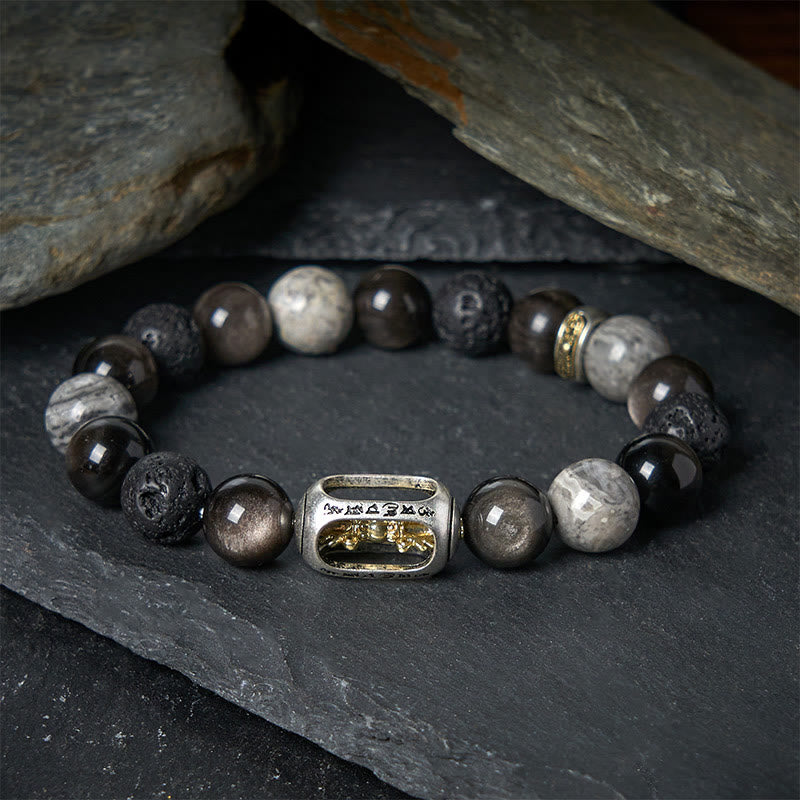 Bracciale lenitivo Buddha Stones, lucentezza argentata, ossidiana, roccia lavica, diaspro grigio, Om Mani Padme Hum Vajra - 17 centimetri - image 0
