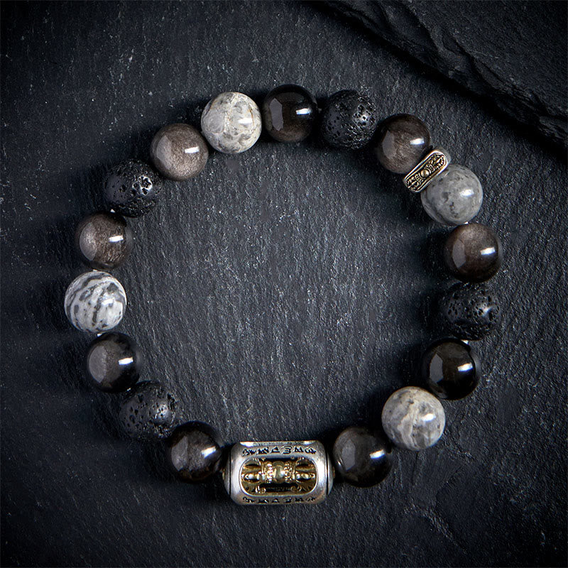 Bracciale lenitivo Buddha Stones, lucentezza argentata, ossidiana, roccia lavica, diaspro grigio, Om Mani Padme Hum Vajra - image 1
