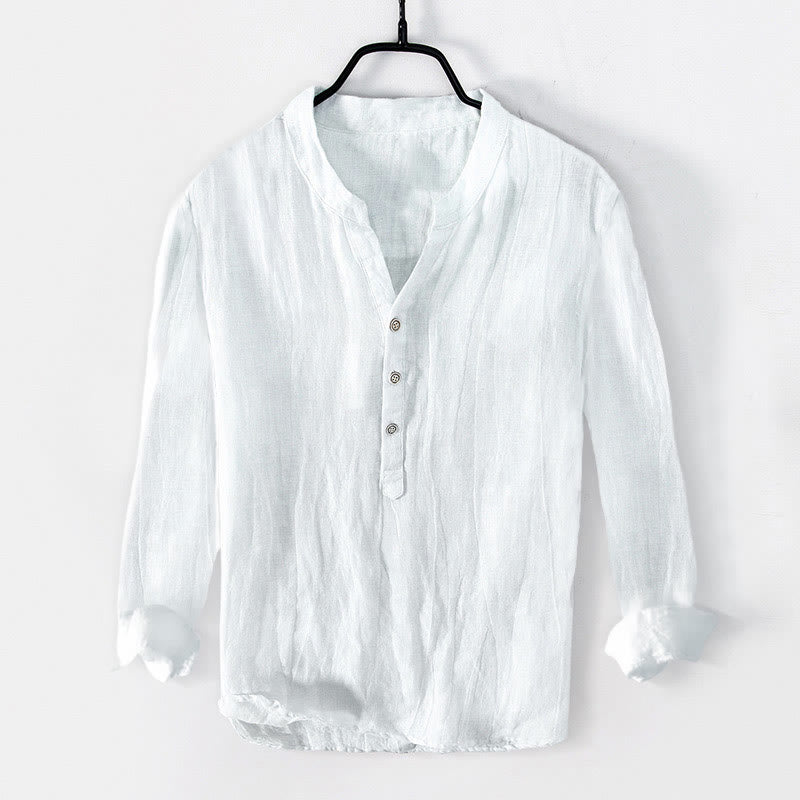 Camicia a maniche lunghe con bottoni a tinta unita in cotone e lino, abbigliamento da uomo Buddha Stones - Bianco - US/UK/AU50, EU60 (5XL) - image 10
