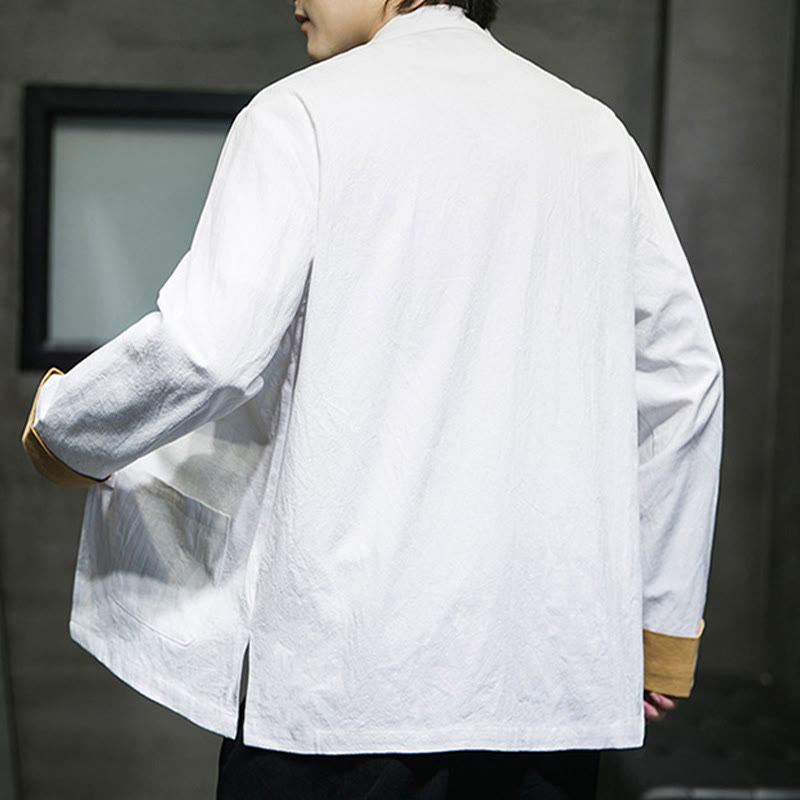 Camicia da uomo in cotone e lino a maniche lunghe con bottoni a forma di rana , Buddha Stones ricamate, gru, nuvole di buon auspicio - image 4