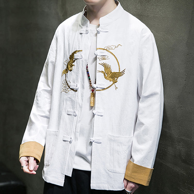 Camicia da uomo in cotone e lino a maniche lunghe con bottoni a forma di rana , Buddha Stones ricamate, gru, nuvole di buon auspicio - image 8