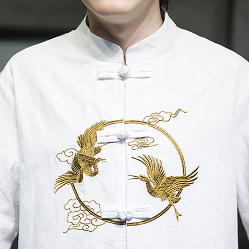 Camicia da uomo in cotone e lino a maniche lunghe con bottoni a forma di rana , Buddha Stones ricamate, gru, nuvole di buon auspicio - image 10