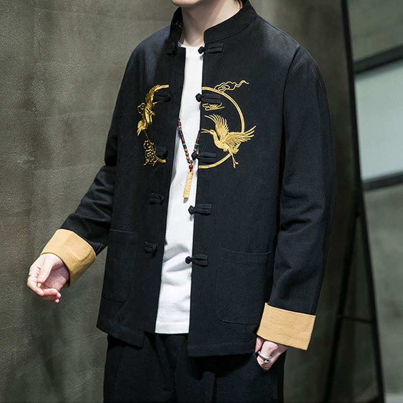 Camicia da uomo in cotone e lino a maniche lunghe con bottoni a forma di rana , Buddha Stones ricamate, gru, nuvole di buon auspicio - image 15