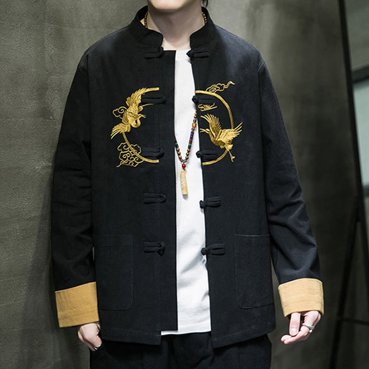 Camicia da uomo in cotone e lino a maniche lunghe con bottoni a forma di rana , Buddha Stones ricamate, gru, nuvole di buon auspicio - image 16