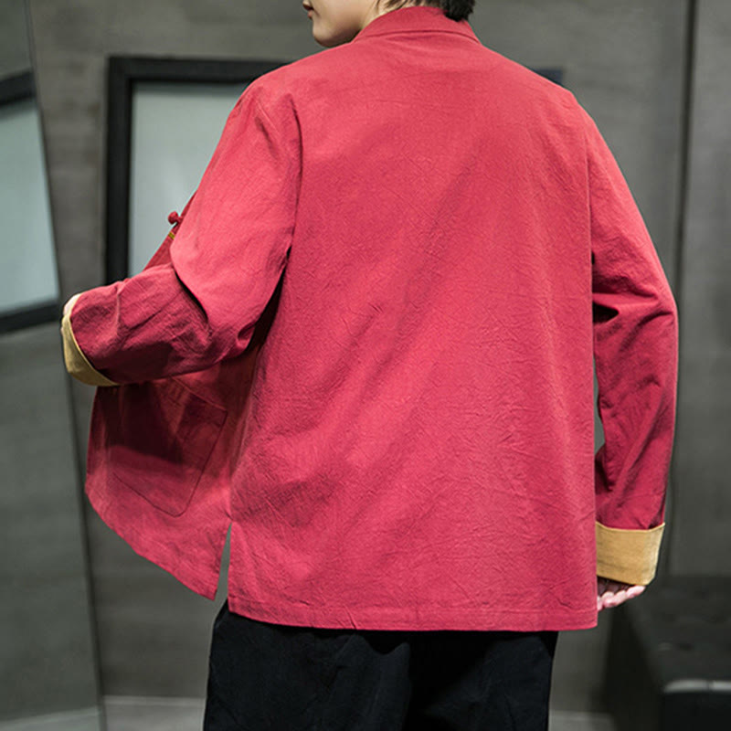 Camicia da uomo in cotone e lino a maniche lunghe con bottoni a forma di rana , Buddha Stones ricamate, gru, nuvole di buon auspicio - image 32