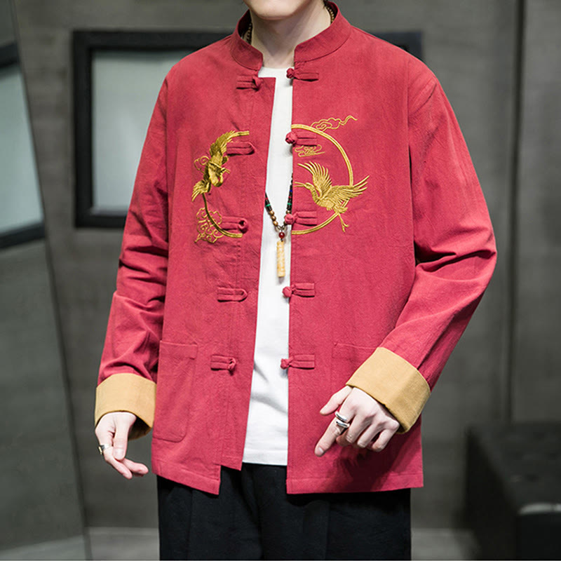 Camicia da uomo in cotone e lino a maniche lunghe con bottoni a forma di rana , Buddha Stones ricamate, gru, nuvole di buon auspicio - image 36