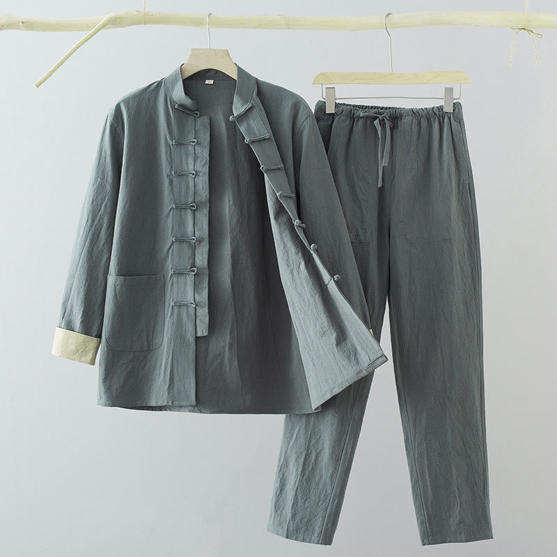 Set da 2 pezzi Buddha Stones Tang Suit da uomo con bottoni a rana, camicia a maniche lunghe in cotone e pantaloni con tasche - CadetBlue - US/UK/AU44, EU54 (4XL) - image 14