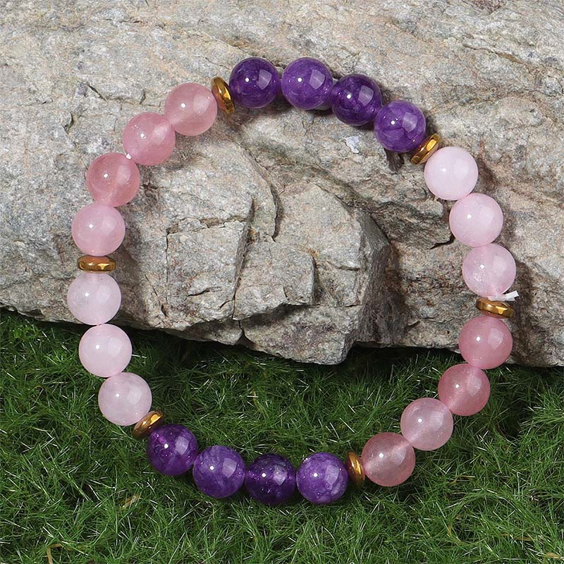 Braccialetto di amore e pace con perline di cristallo rosa, quarzo fragola, ametista e Buddha Stones - image 1