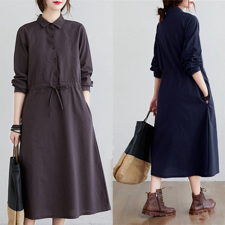 Abito midi in cotone a maniche lunghe con tasche e revers a tinta unita con lacci Buddha Stones - image 19