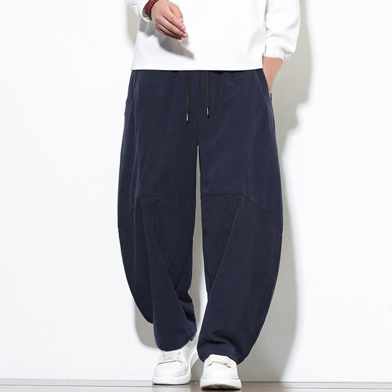 Pantaloni harem da uomo in velluto a coste di cotone con tasche e coulisse in tinta unita con motivo Buddha Stones - Blu notte - US/UK/AU46, EU56 (5XL) - image 0