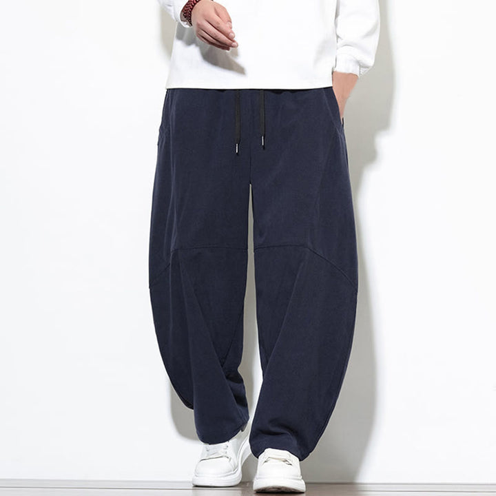 Pantaloni harem da uomo in velluto a coste di cotone con tasche e coulisse in tinta unita con motivo Buddha Stones - Blu notte - US/UK/AU46, EU56 (5XL) - image 0