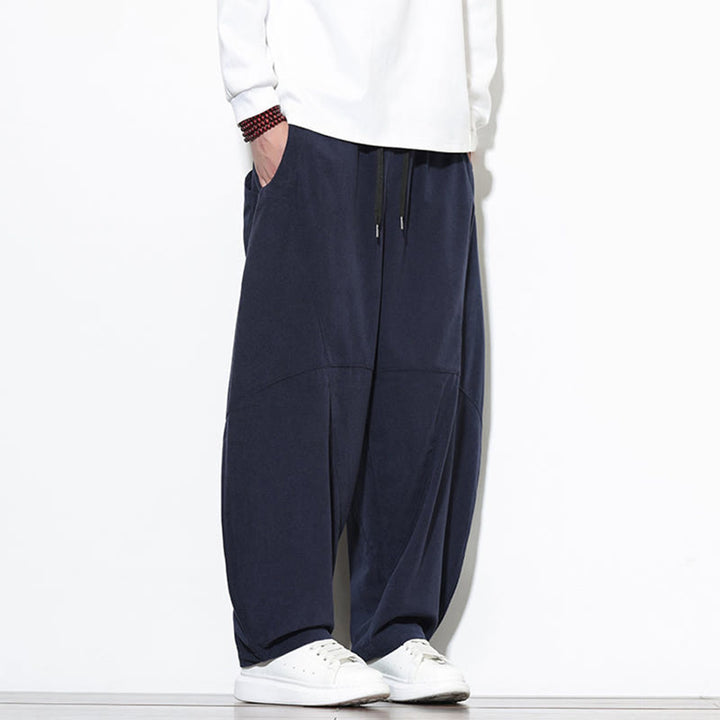 Pantaloni harem da uomo in velluto a coste di cotone con tasche e coulisse in tinta unita con motivo Buddha Stones - image 4