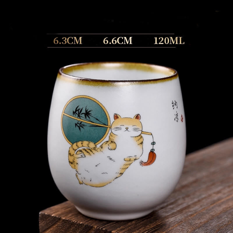 Tazza da tè Kung Fu con rami di gatto sdraiato e Buddha Stones, con scatola regalo - Gatto sdraiato e ventaglio 6,3 cm*6,6 cm*120 ml - image 14