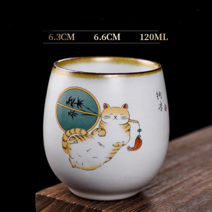 Tazza da tè Kung Fu con rami di gatto sdraiato e Buddha Stones, con scatola regalo - Gatto sdraiato e ventaglio 6,3 cm*6,6 cm*120 ml - image 14