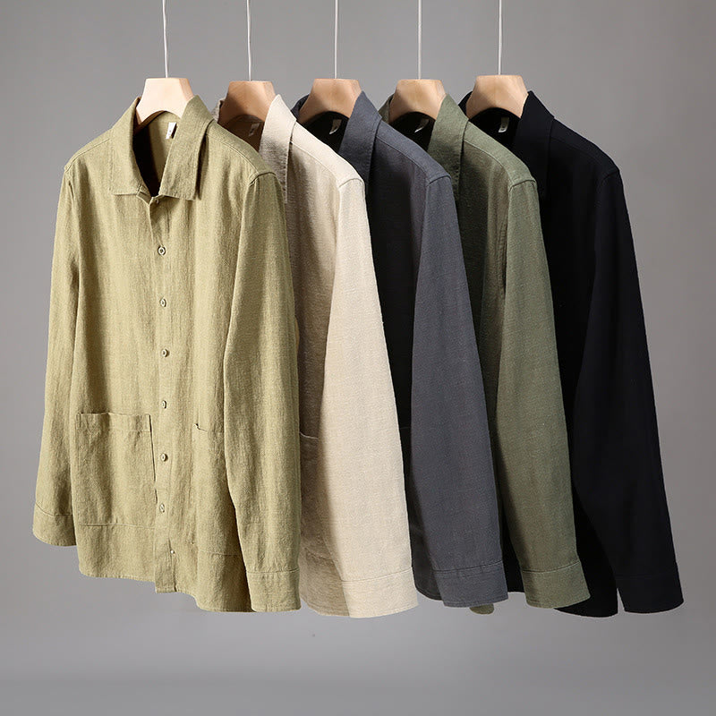 Camicia da uomo in cotone ramiè con maniche lunghe e bottoni, tinta unita, motivo Buddha Stones, con tasche - image 11
