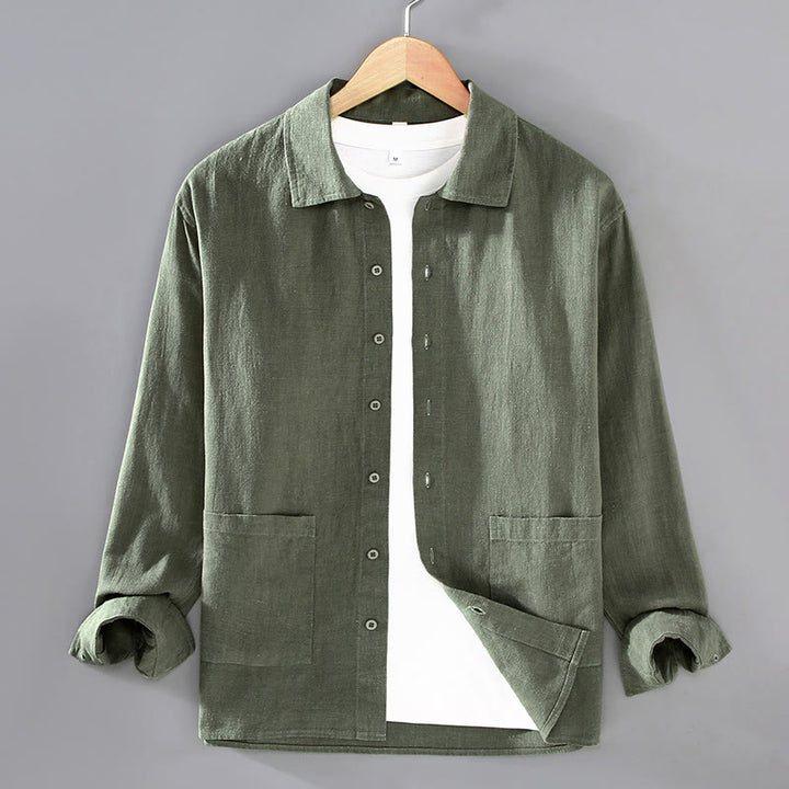 Camicia da uomo in cotone ramiè con maniche lunghe e bottoni, tinta unita, motivo Buddha Stones, con tasche - Verde oliva scuro - US/UK/AU42, EU52 (3XL) - image 10