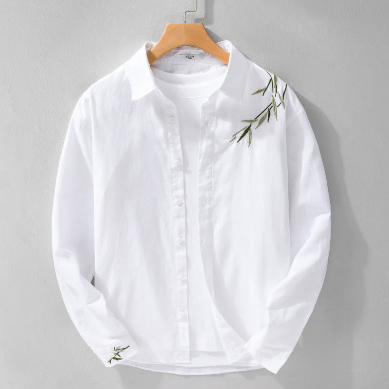 Camicia da uomo in cotone e lino a maniche lunghe con ricamo Buddha Stones e motivo a foglie - image 6