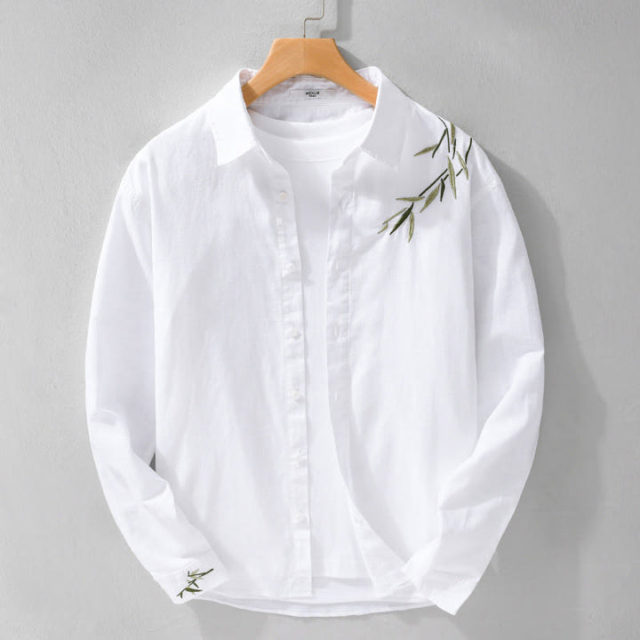 Camicia da uomo in cotone e lino a maniche lunghe con ricamo Buddha Stones e motivo a foglie - image 6