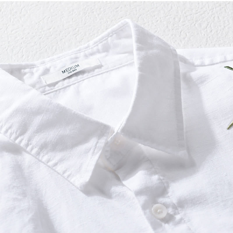Camicia da uomo in cotone e lino a maniche lunghe con ricamo Buddha Stones e motivo a foglie - image 8