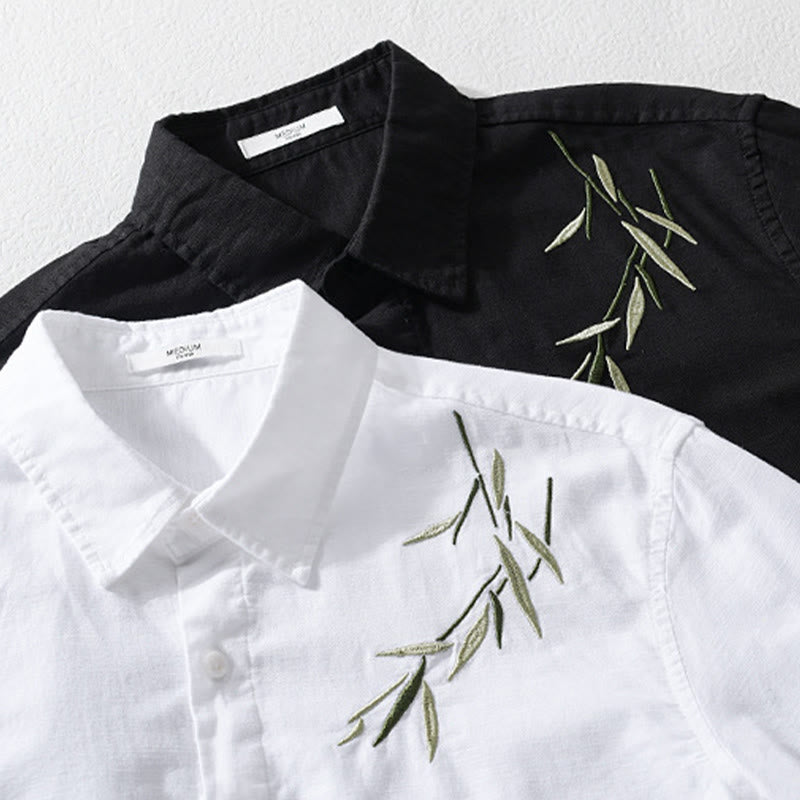 Camicia da uomo in cotone e lino a maniche lunghe con ricamo Buddha Stones e motivo a foglie - image 14