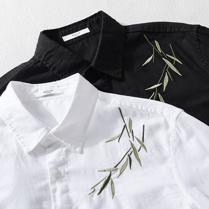 Camicia da uomo in cotone e lino a maniche lunghe con ricamo Buddha Stones e motivo a foglie - image 14
