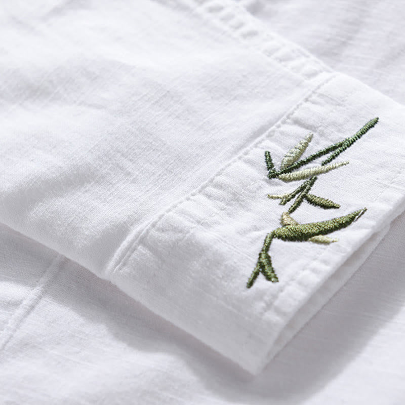 Camicia da uomo in cotone e lino a maniche lunghe con ricamo Buddha Stones e motivo a foglie - image 10