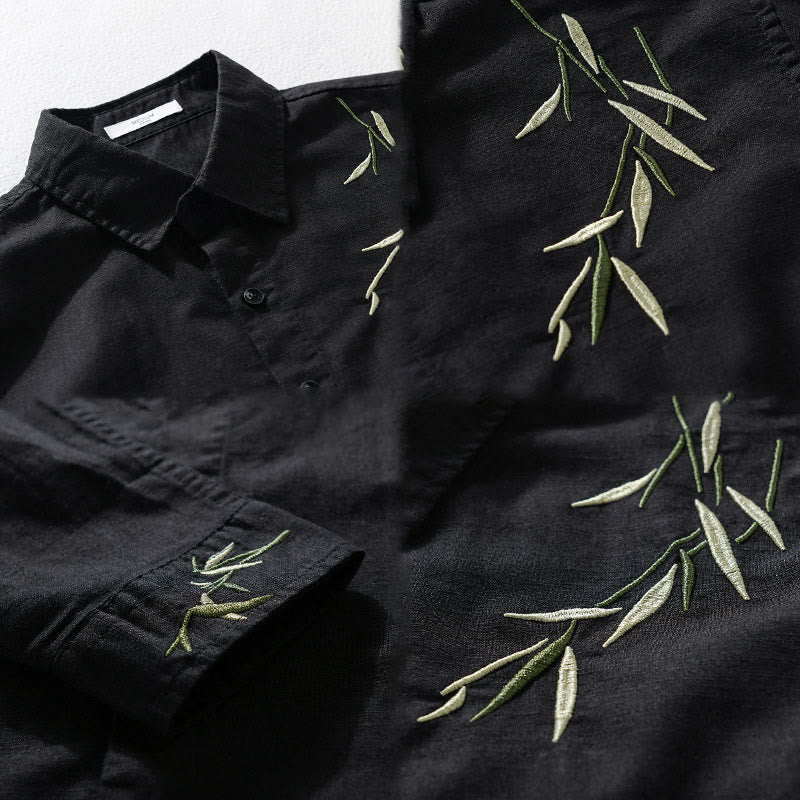 Camicia da uomo in cotone e lino a maniche lunghe con ricamo Buddha Stones e motivo a foglie - image 4