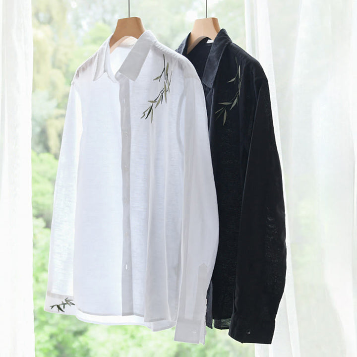 Camicia da uomo in cotone e lino a maniche lunghe con ricamo Buddha Stones e motivo a foglie - image 13