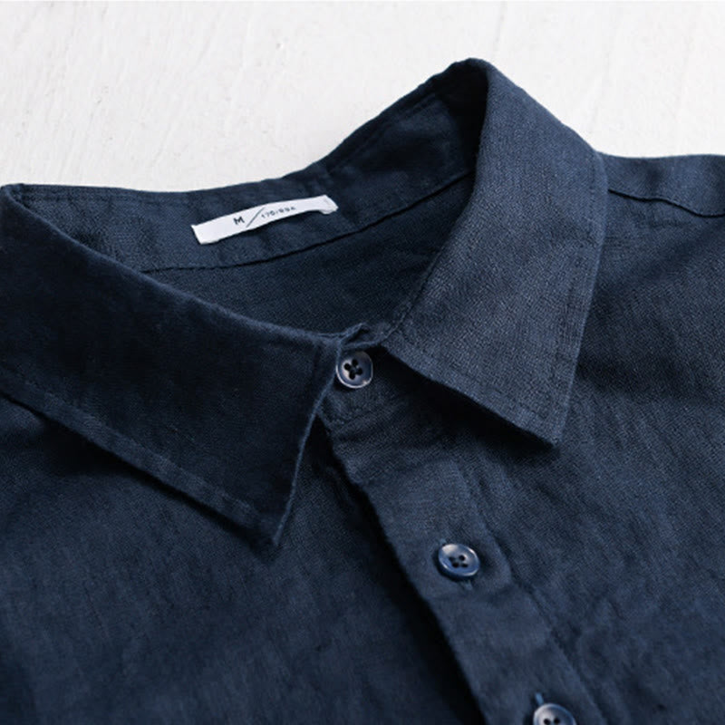 Camicia da uomo in puro lino a maniche lunghe con bottoni e revers in tinta unita Buddha Stones - image 1