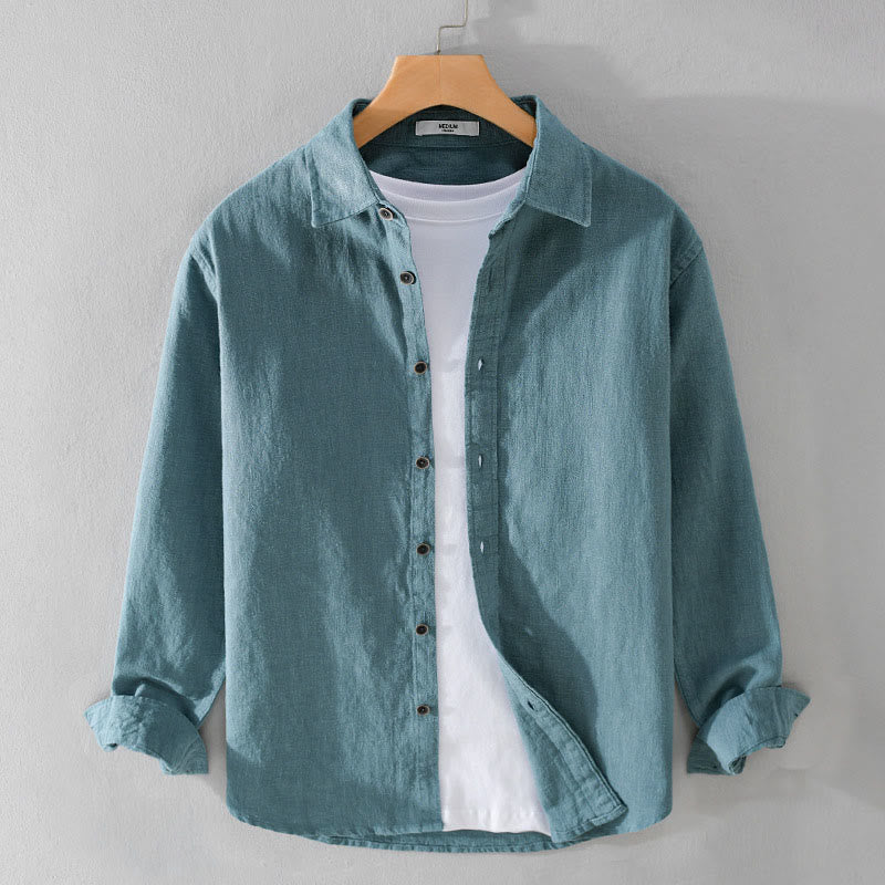 Camicia a maniche lunghe in cotone ramiè con bottoni a risvolto, colore puro, design semplice, da uomo, Buddha Stones - VerdeMare Chiaro - US/UK/AU42, EU52 (3XL) - image 14