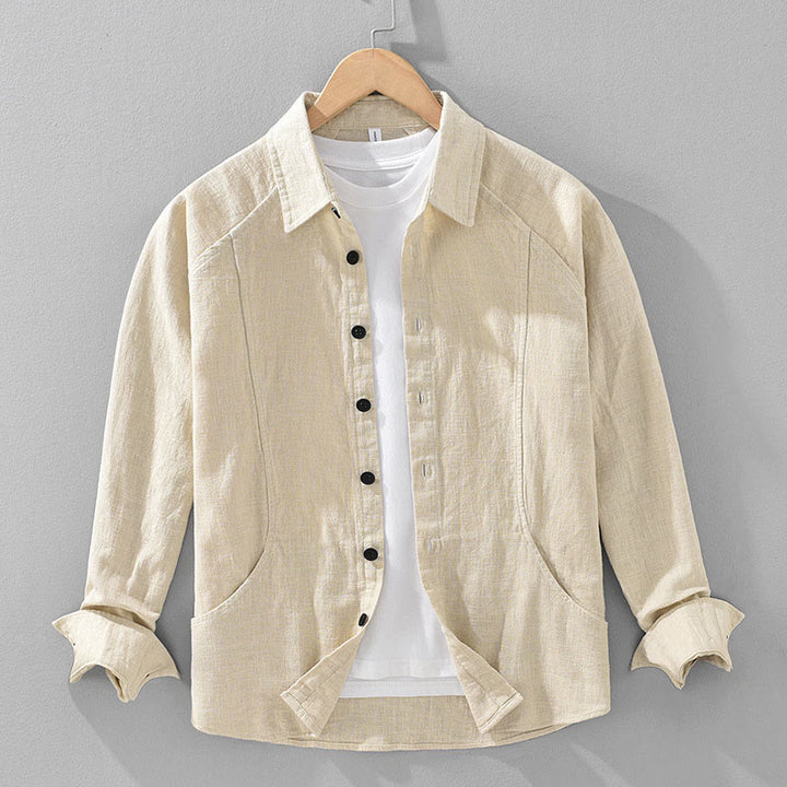 Camicia a maniche lunghe con risvolto e tasche in cotone ramiè tinta unita da uomo Buddha Stones - Verga d'oro chiaraGiallo - US/UK/AU42, EU52 (3XL) - image 0