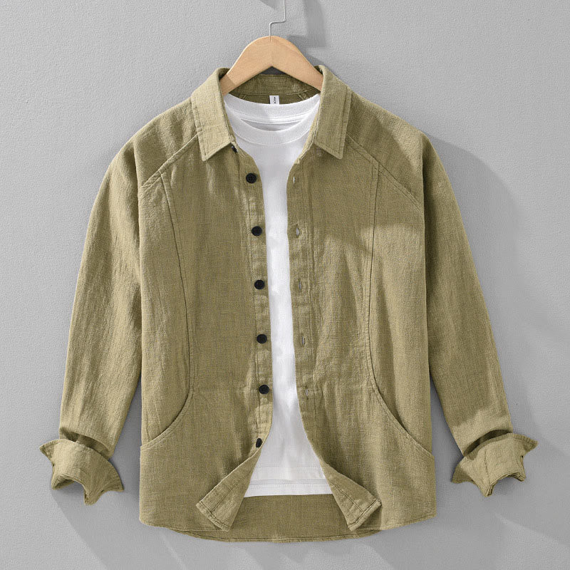 Camicia a maniche lunghe con risvolto e tasche in cotone ramiè tinta unita da uomo Buddha Stones - Cachi scuro - US/UK/AU42, EU52 (3XL) - image 15