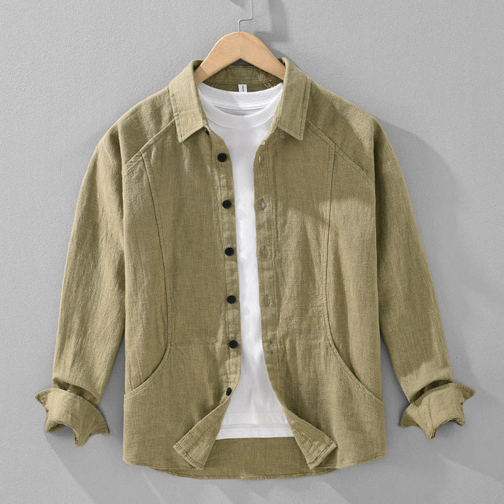 Camicia a maniche lunghe con risvolto e tasche in cotone ramiè tinta unita da uomo Buddha Stones - Cachi scuro - US/UK/AU42, EU52 (3XL) - image 15