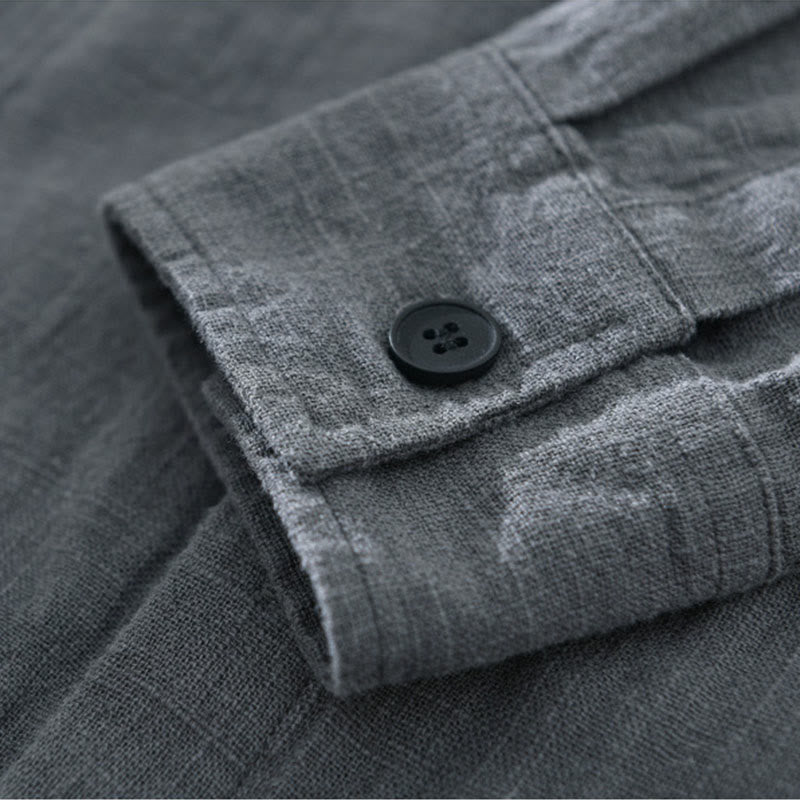 Camicia a maniche lunghe con risvolto e tasche in cotone ramiè tinta unita da uomo Buddha Stones - image 10
