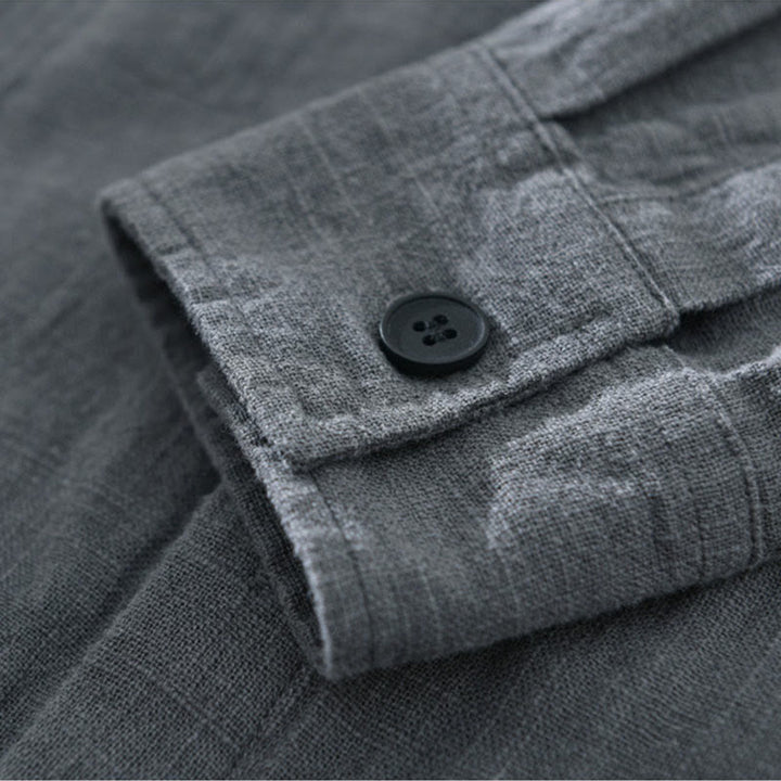 Camicia a maniche lunghe con risvolto e tasche in cotone ramiè tinta unita da uomo Buddha Stones - image 10