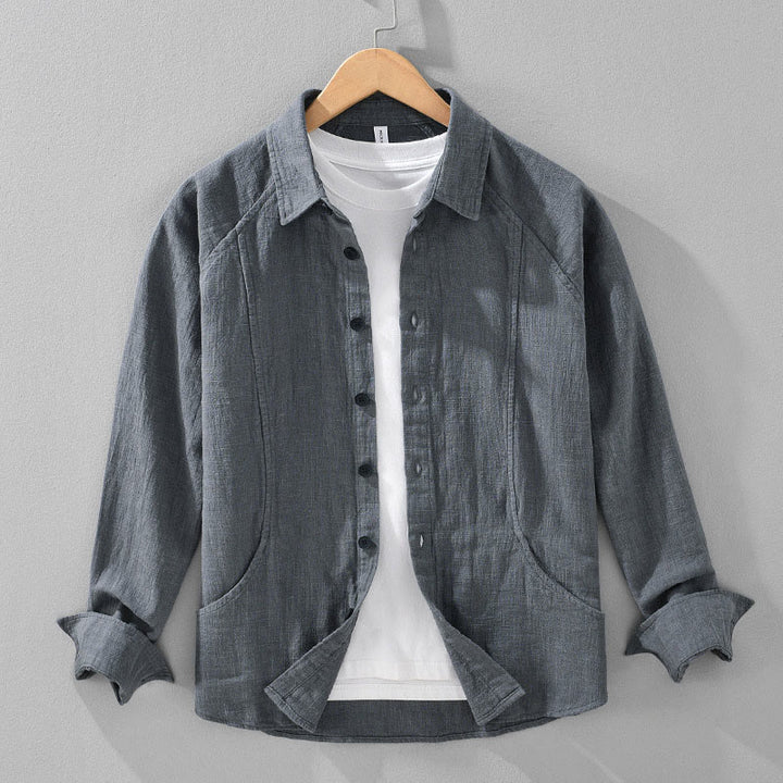 Camicia a maniche lunghe con risvolto e tasche in cotone ramiè tinta unita da uomo Buddha Stones - Grigio ardesia - US/UK/AU42, EU52 (3XL) - image 5