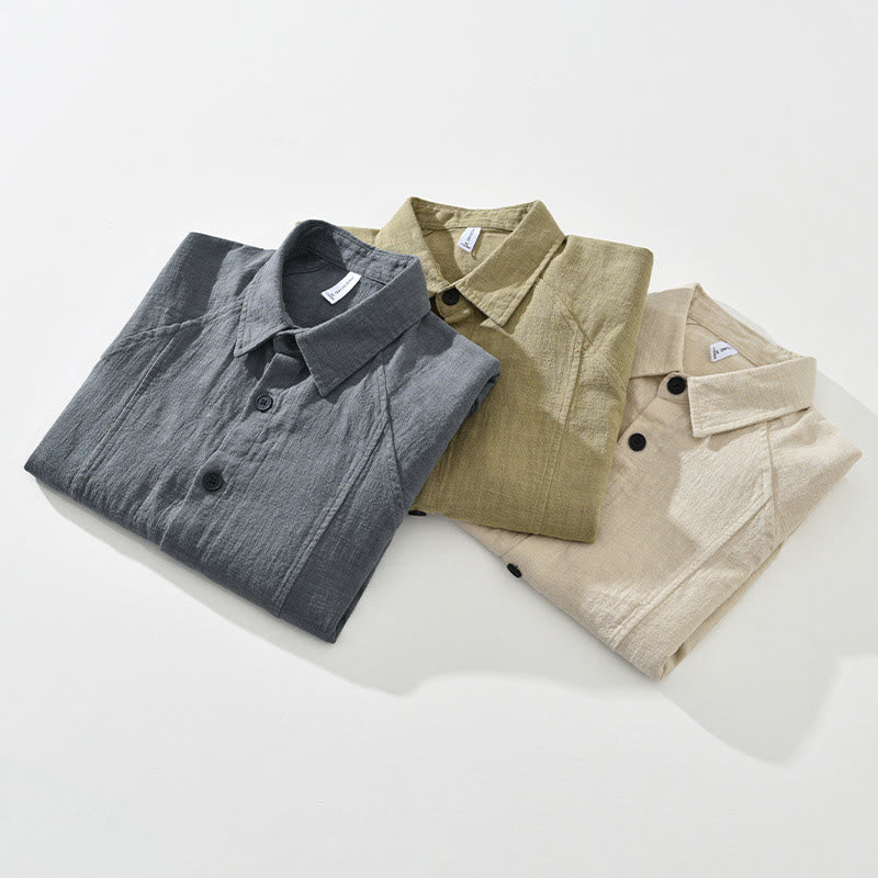 Camicia a maniche lunghe con risvolto e tasche in cotone ramiè tinta unita da uomo Buddha Stones - image 16