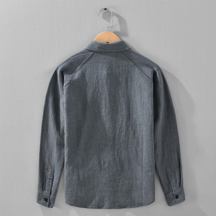 Camicia a maniche lunghe con risvolto e tasche in cotone ramiè tinta unita da uomo Buddha Stones - image 6