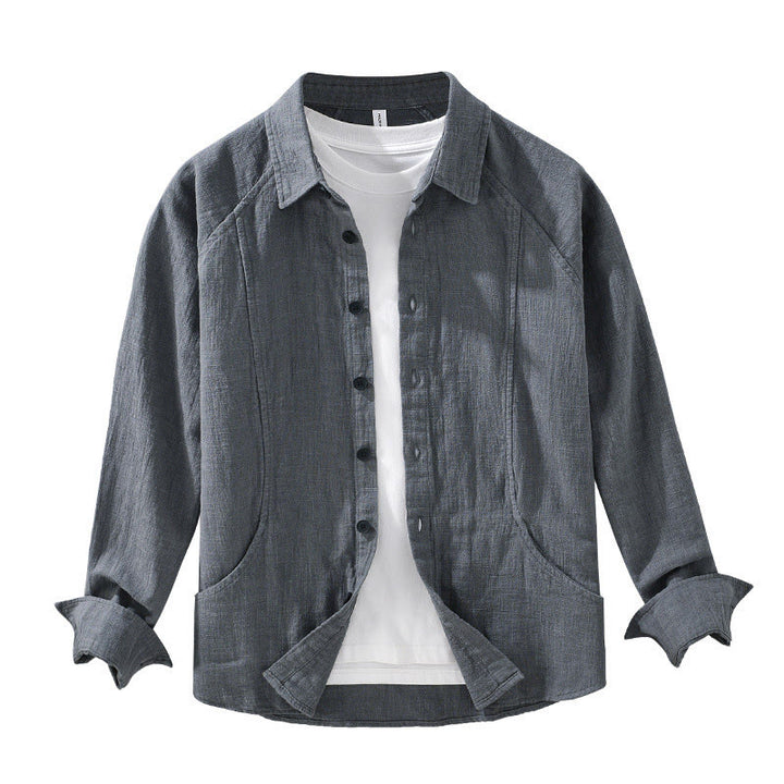 Camicia a maniche lunghe con risvolto e tasche in cotone ramiè tinta unita da uomo Buddha Stones - image 14