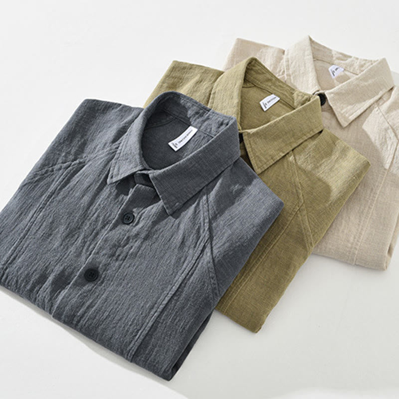 Camicia a maniche lunghe con risvolto e tasche in cotone ramiè tinta unita da uomo Buddha Stones - image 17